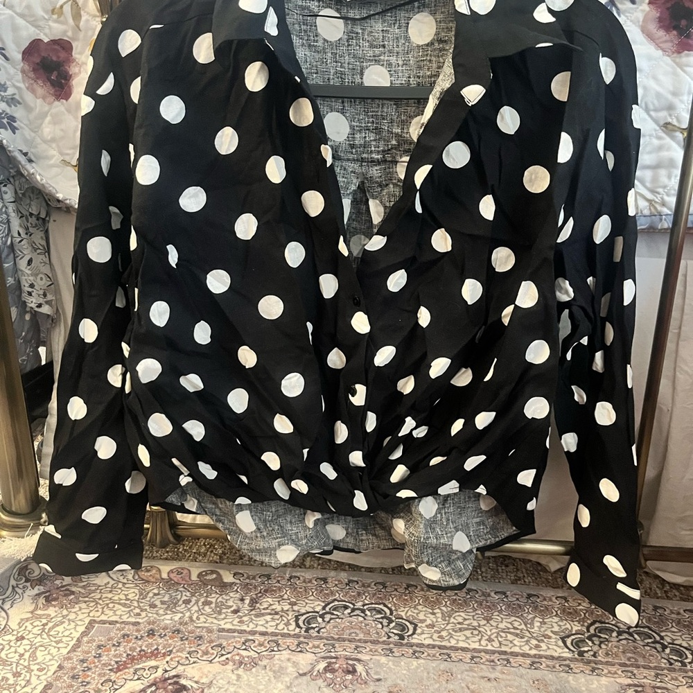 Zara Black and White Polka Dot Button Down Shirt